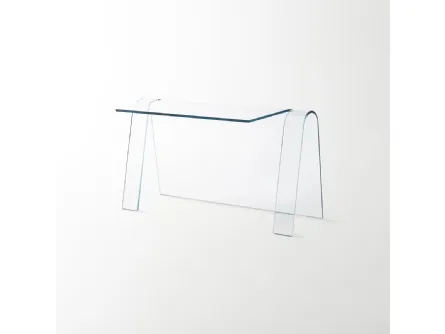 Scrittoio Folio ottenuto da un’unica lastra di cristallo trasparente extralight curvato di Glas Italia