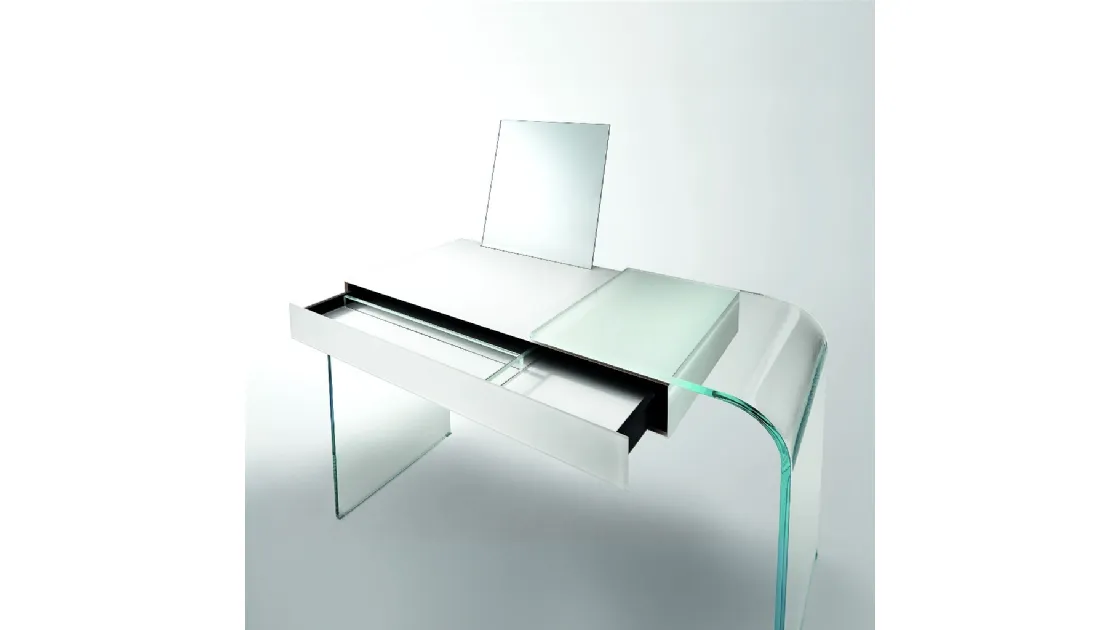 Scrittoio toeletta Strata in cristallo extrachiaro e laccato con specchio di Glas Italia