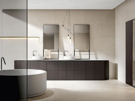 Mobile da Bagno a terra con doppio lavabo Calipso 2344 finitura Texture Veneziana Castagno tinto Fuliggine di Edoné
