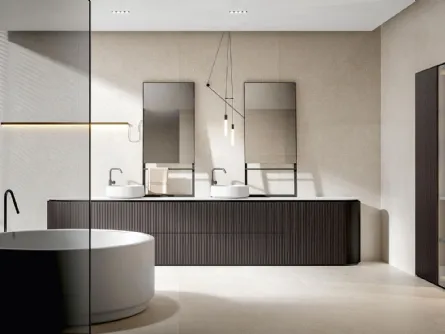 Mobile da Bagno a terra con doppio lavabo Calipso 2344 finitura Texture Veneziana Castagno tinto Fuliggine di Edoné
