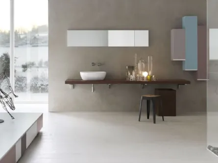 Mobile da Bagno con pensili laccati in vari colori e top in Rovere rigato Moka Goya 31 di Arcom