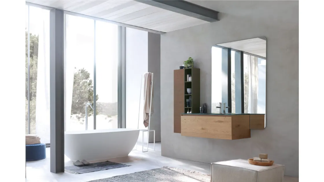Mobile da Bagno sospeso La Fenice 12 in Rovere nodato naturale con top in cristallo extralight Verde bosco con lavabo integrato di Arcom