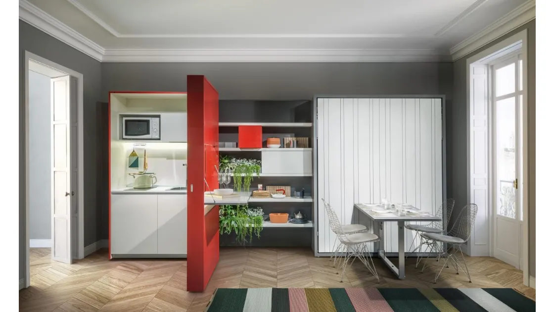 Letto a scomparsa trasformabile chiuso con cucina e tavolo Living 11 Penelope 2 Dining di Clei