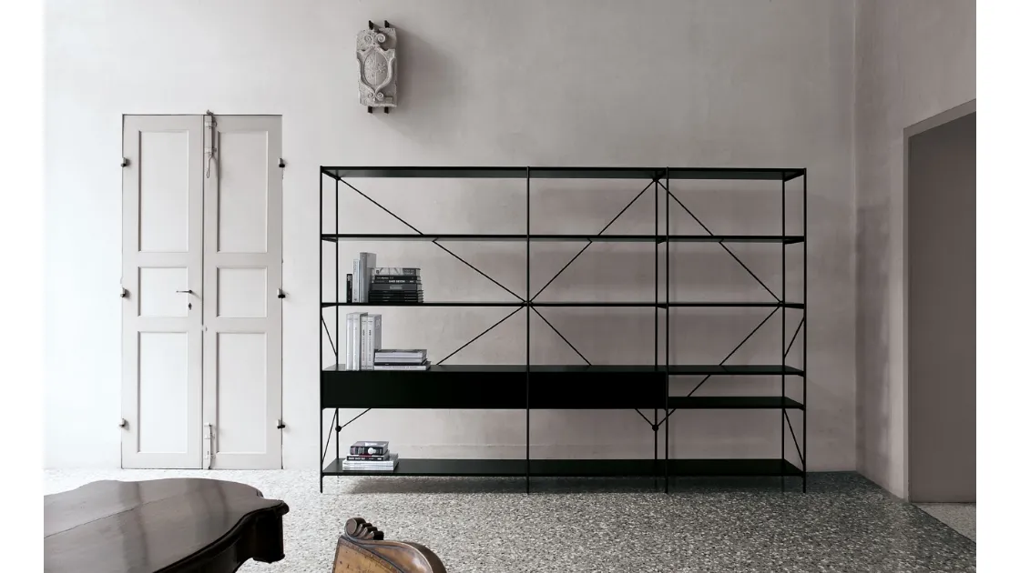 Libreria divisoria XY configurazione 30 in alluminio con ripiani in vetro di Extendo