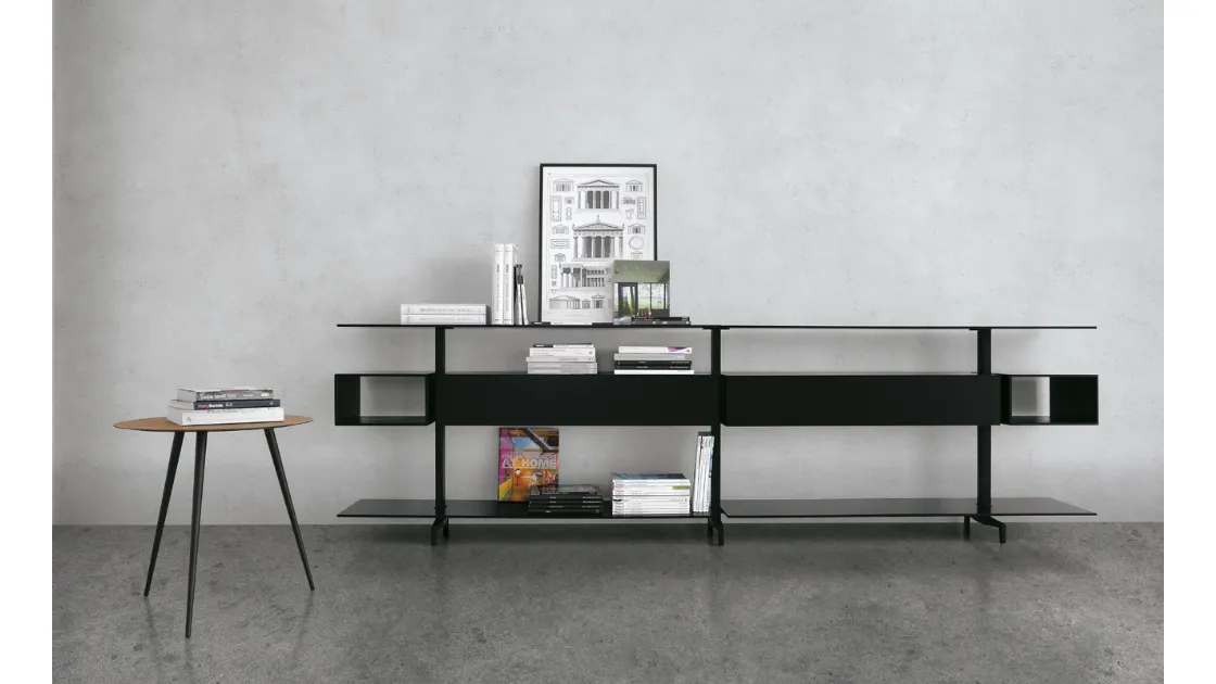 Libreria in alluminio nero con frontali e ripiani in vetro laccato nero System configurazione 52 di Extendo