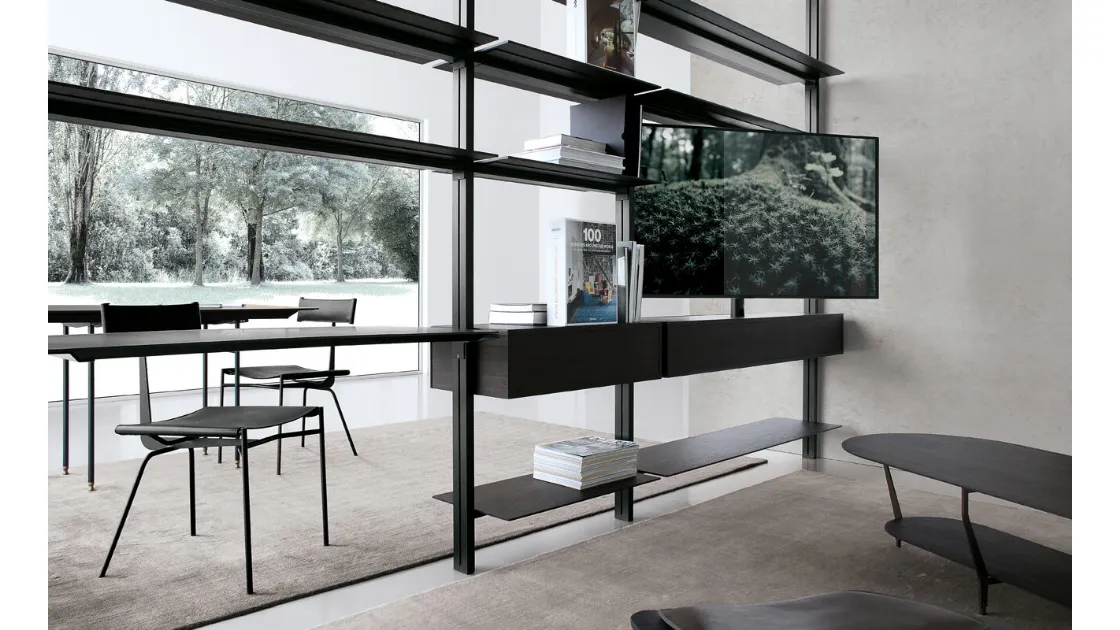 Libreria divisoria in HPL rovere e nero con struttura in alluminio System configurazione 54 di Extendo