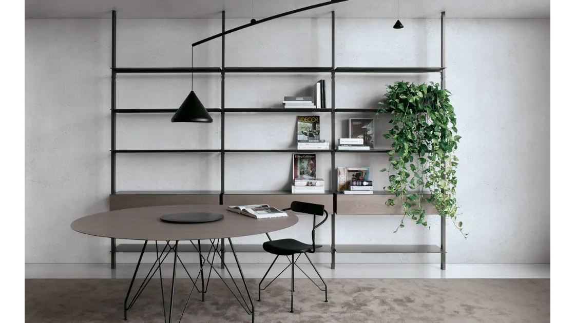 Libreria componibile in laccato opaco con frontali in HPL frassino argilla System configurazione 56 di Extendo