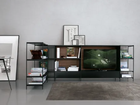 Libreria angolare in alluminio con frontali in vetro laccato nero e schienale in MDF noce XY configurazione 29 di Extendo