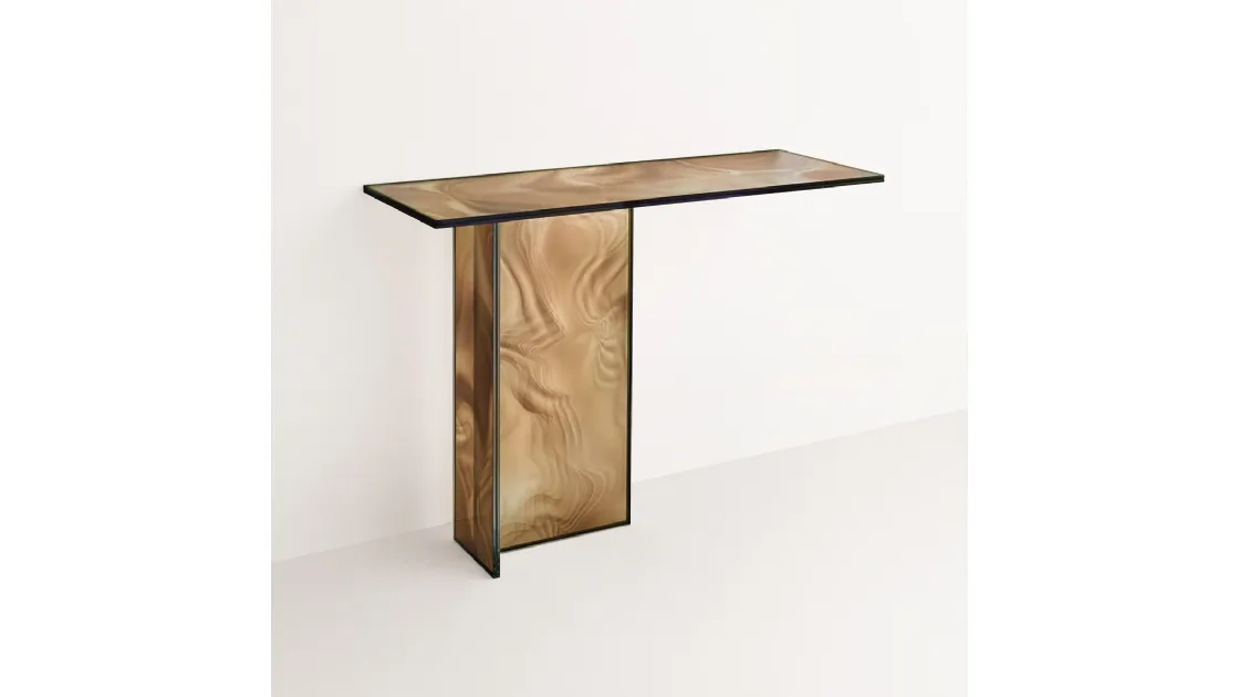 Mobile ingresso Liquefy in cristallo con decorazione venata ed organica di Glas Italia