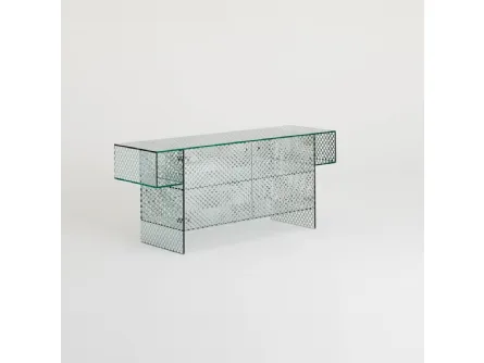 Mobile ingresso Robotin realizzato in cristallo specchiante con pattern decorativo a bolli trasparenti di Glas Italia