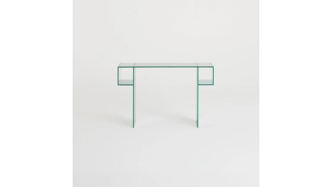 Mobile ingresso Robotin realizzato in cristallo specchiante con pattern decorativo a bolli trasparenti di Glas Italia