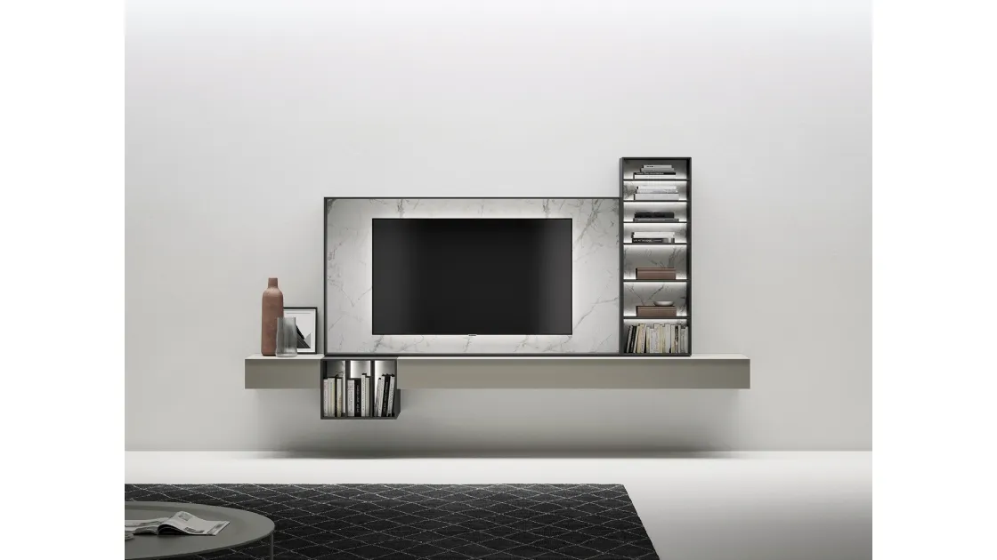 Mobile Porta Tv sospeso in laccato opaco con cornice in gres effetto marmo di Caccaro