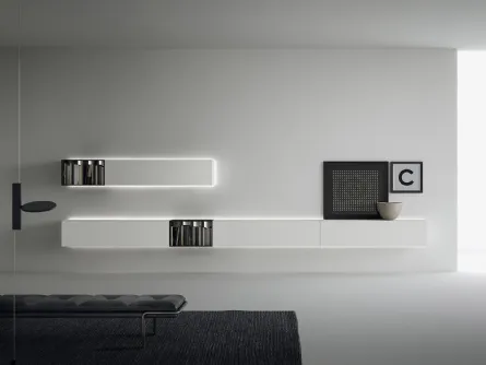 Mobile sospeso in laccato bianco opaco con schiene LED sul perimetro Wallover 02 di Caccaro