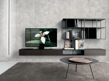 Parete Attrezzata in HPL rovere affumicato con ripiani in acciaio Atelier configurazione 06 di Extendo