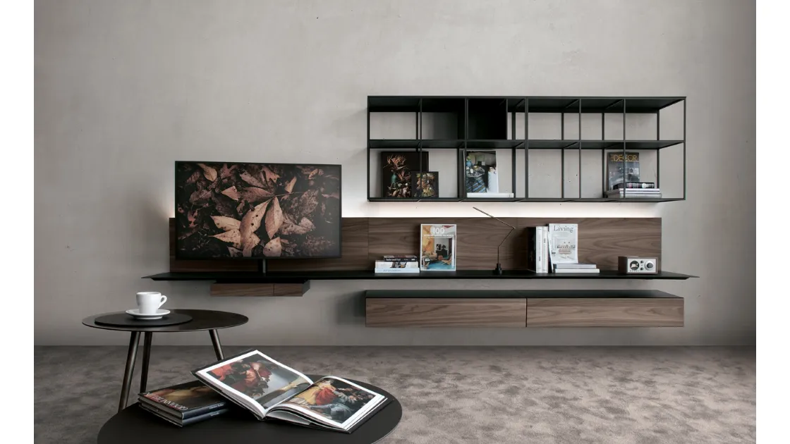 Parete Attrezzata in HPL effetto Noce con ripiani in acciaio Atelier configurazione 11 di Extendo