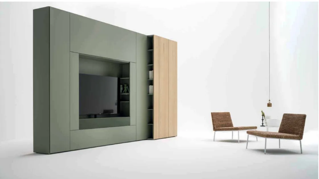 Parete attrezzata in laccato opaco e legno con porta TV Living Roomy di Caccaro