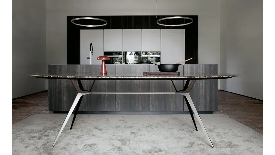 Tavolo Balance configurazione 01 con top in marmo Emperador Dark e telaio in acciaio bronzo di Extendo