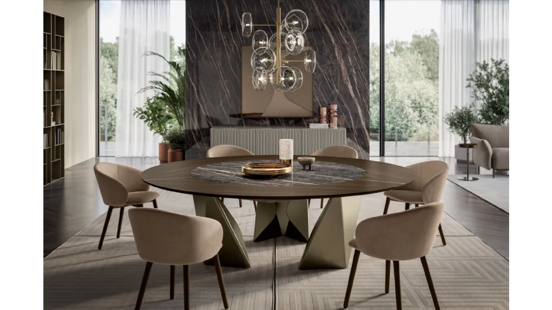 Tavolo rotondo in legno e SuperMarmo Kaleido di Bontempi