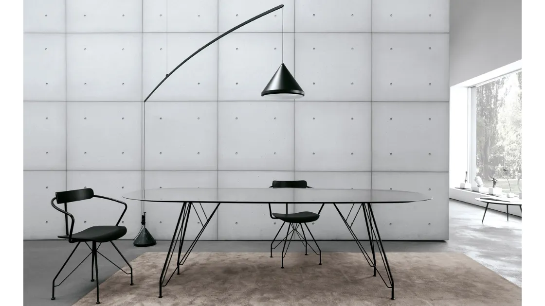 Tavolo ovale con top in HPL Inox e telaio in acciaio nero T11 configurazione 02 di Extendo