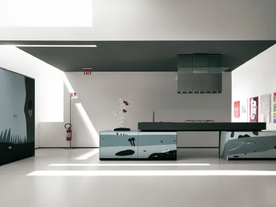 Cucina Design con disegni ad intarsio realizzati su vetro Artematica Vitrum Arte Natura Bianco e Nera di Valcucine