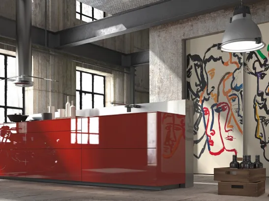 Cucina Design con isola in vetro lucido rosso con stampa artistica Artematica Vitrum Arte Sandro Chia di Valcucine
