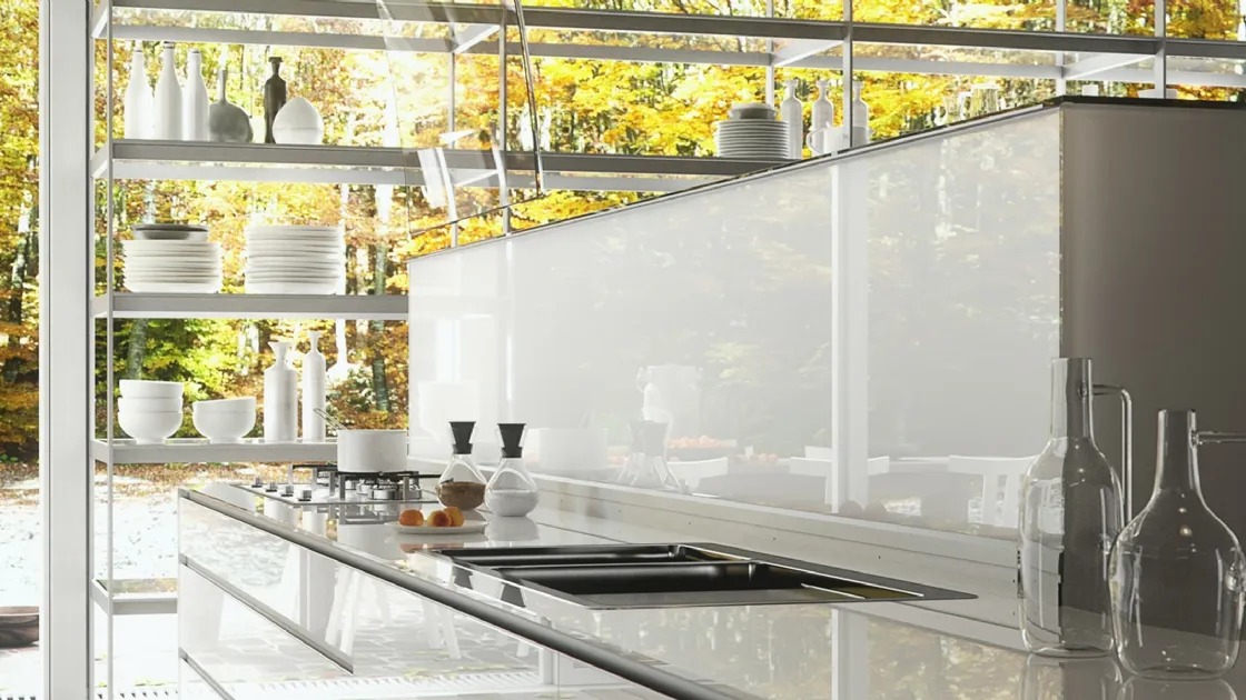 Cucina Design con isola in vetro temprato Artematica Vitrum Bianco Lucido di Valcucine