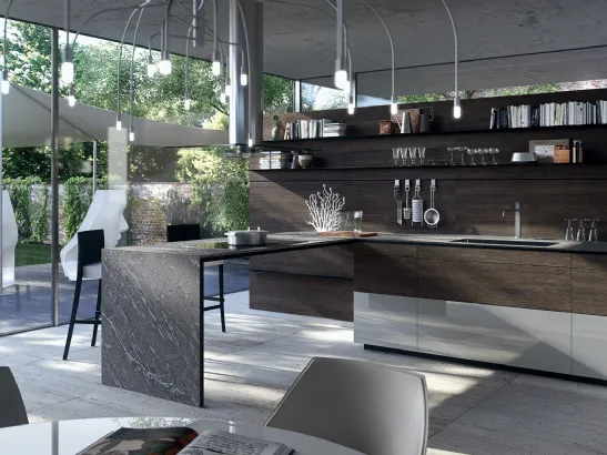 Cucina Design Forma Mentis con anta in finitura legno Rovere e laccato di Valcucine