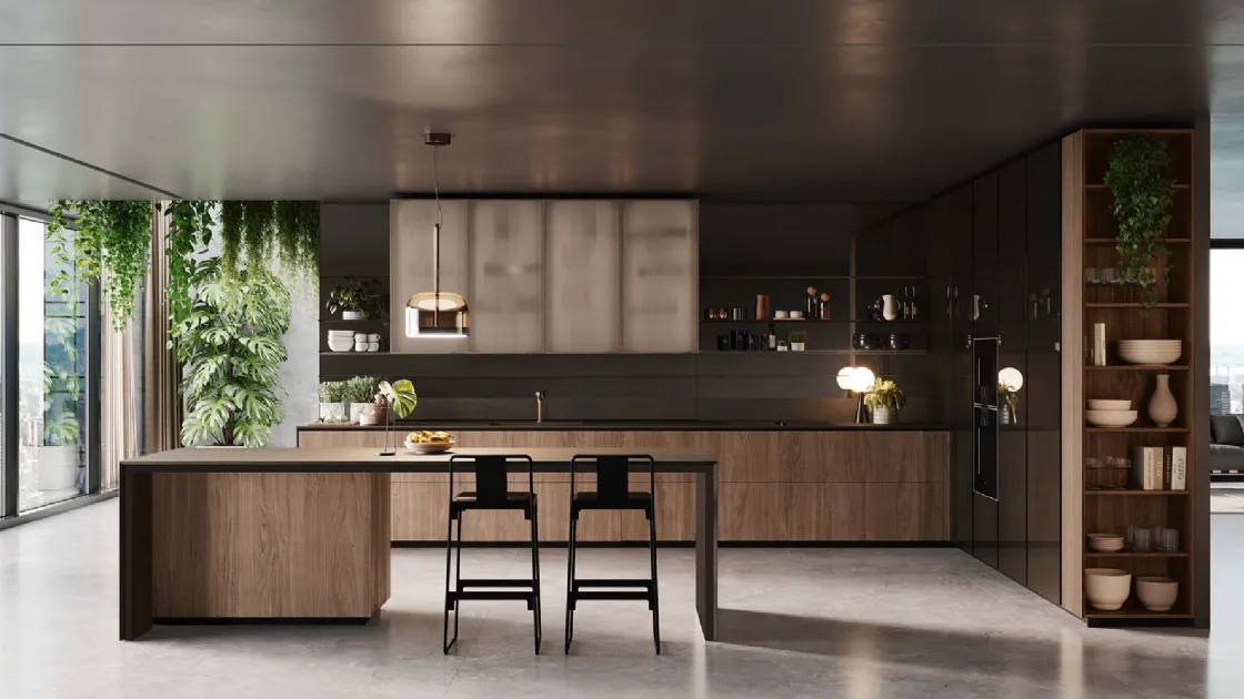 Cucina Design angolare con isola Forma Mentis Noce Canaletto di Valcucine