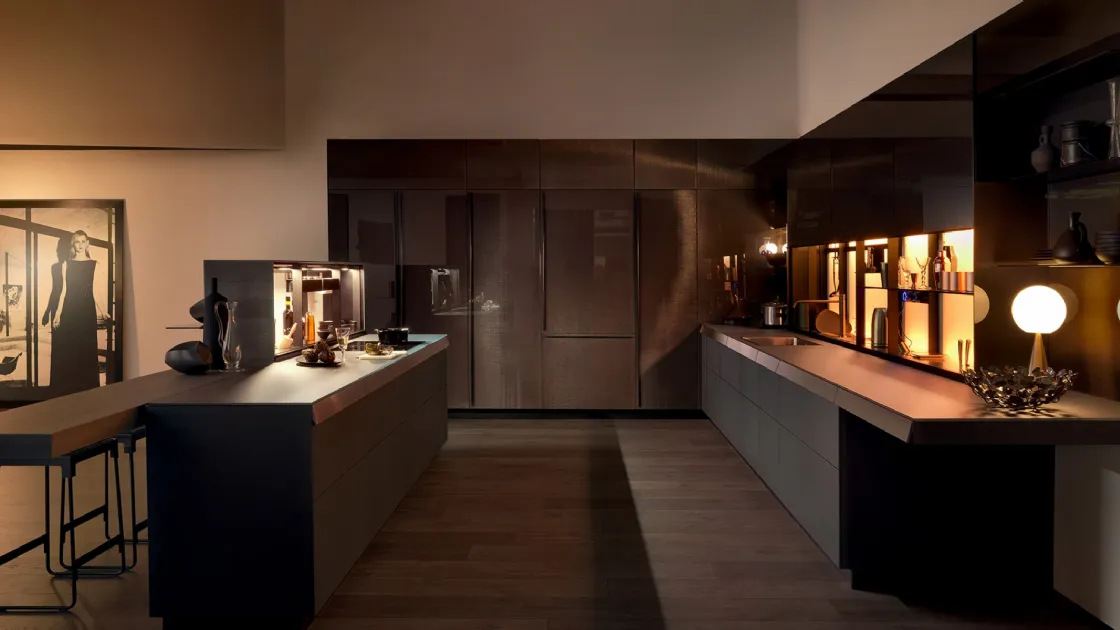 Cucina Design con isola Genius Loci in Vetro Tessile di Valcucine