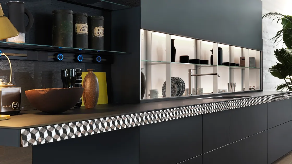 Cucina Design con isola Genius Loci Vitrum opaco Ardesia con cassetto a mosaico di Valcucine