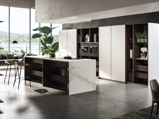 Cucina Design con isola in laccato opaco e legno con top in marmo Ktable 01 di Maistri