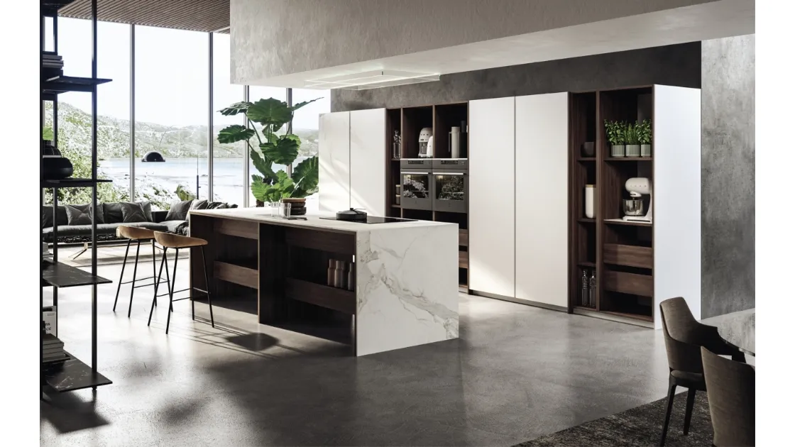 Cucina Design con isola in laccato opaco e legno con top in marmo KTable 01 di Maistri
