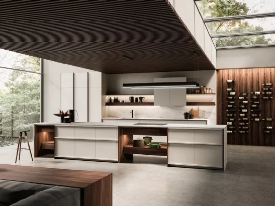 Cucina Design in laccato ecru e noce con isola KTable di Maistri