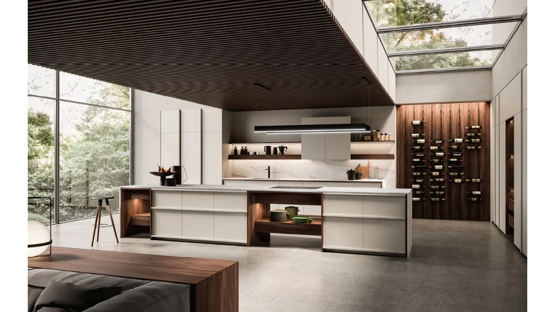 Cucina Design in laccato ecru e noce con isola KTable di Maistri