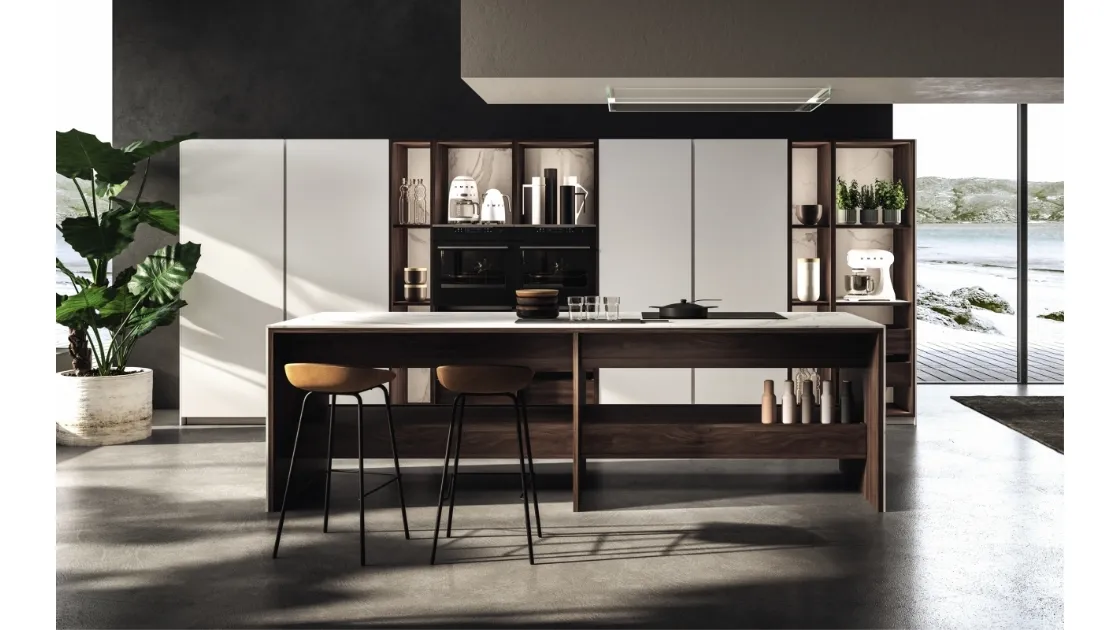 Cucina Design con isola KTable in laccato bianco e melaminico di Maistri