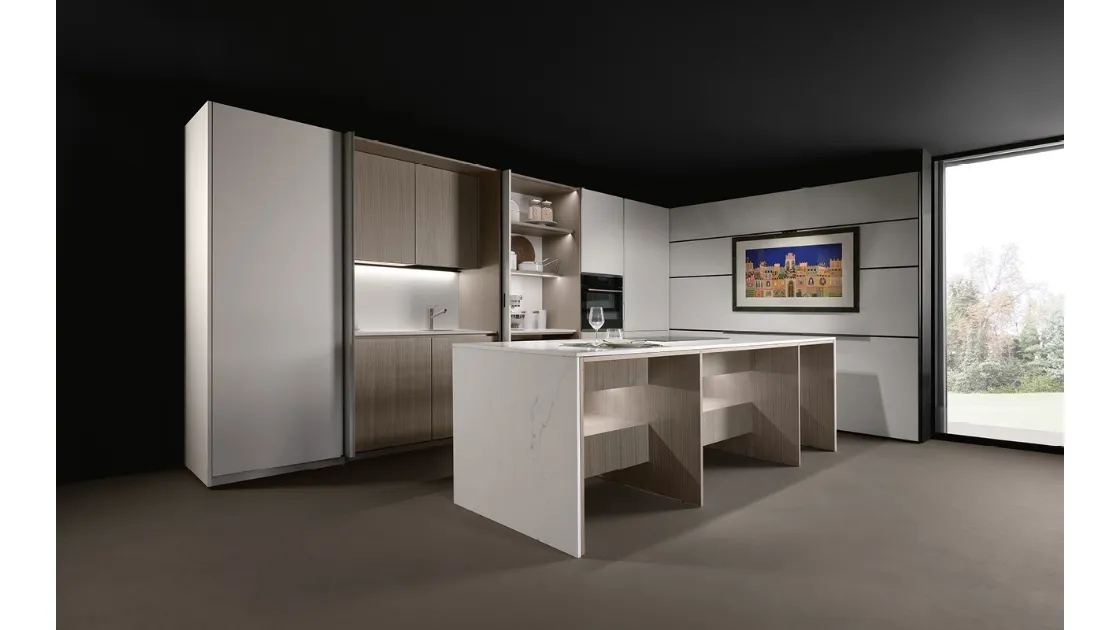Cucina Design con isola KTable in legno di frassino e bianco fenix di Maistri