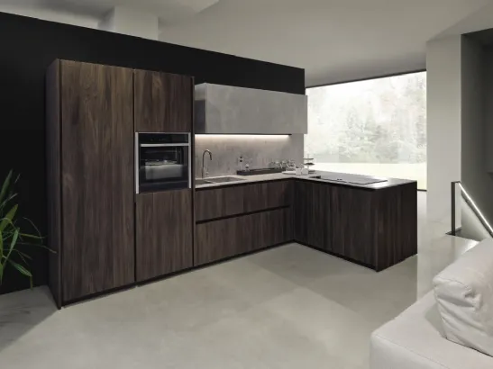 Cucina Design angolare in legno con pensili e top in laccato effetto cemento Arka 01 di Maistri