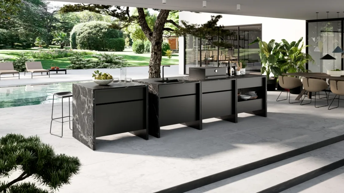 Cucina Design per outdoor ad isola BTable in alluminio e pietra di Maistri