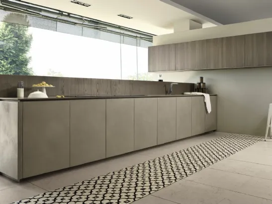 Cucina Design lineare in laccato effetto cemento e legno Viva 11 di Maistri